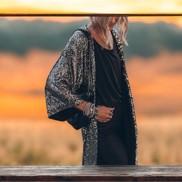 Silver Sequin Bracelet sleeve Open Front Long Cardigan - Picture 3 of 6